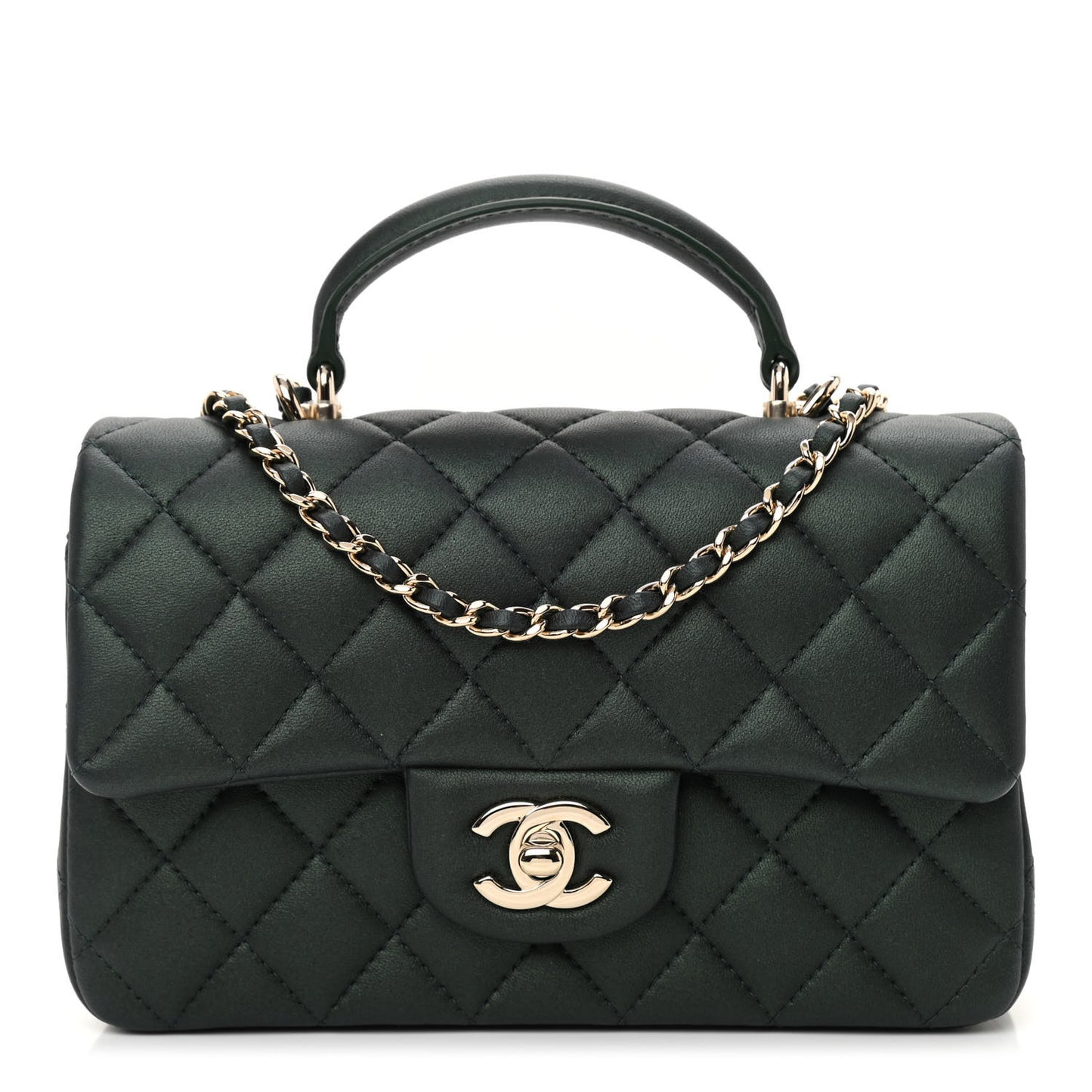 Iridescent Lambskin Quilted Mini Top Handle Rectangular Flap Dark Green