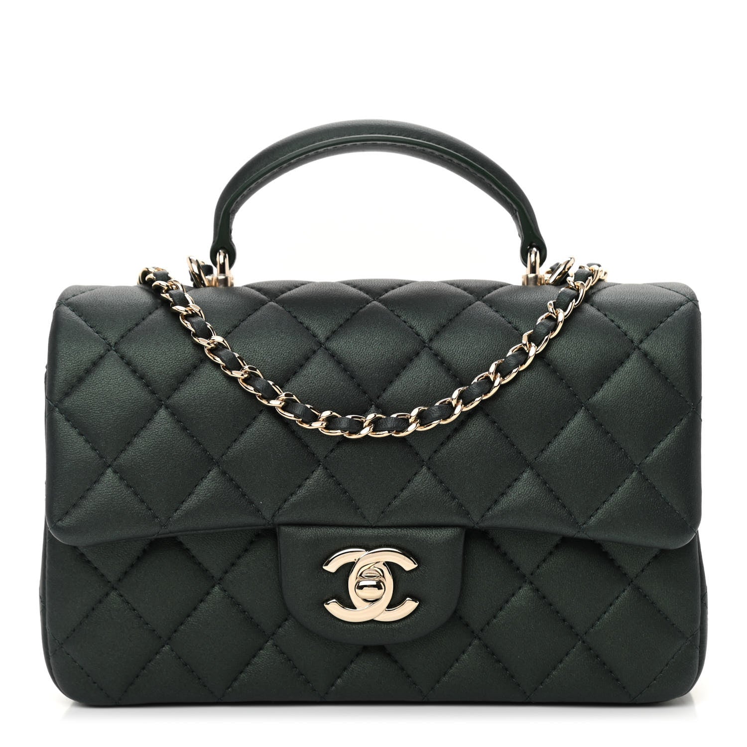 Chanel Iridescent Lambskin Quilted Mini Top Handle Rectangular Flap Dark Green 1 of 11