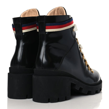 Gucci Calfskin Sylvie Web Lace Up Combat Boots 40 Black 4 of 9
