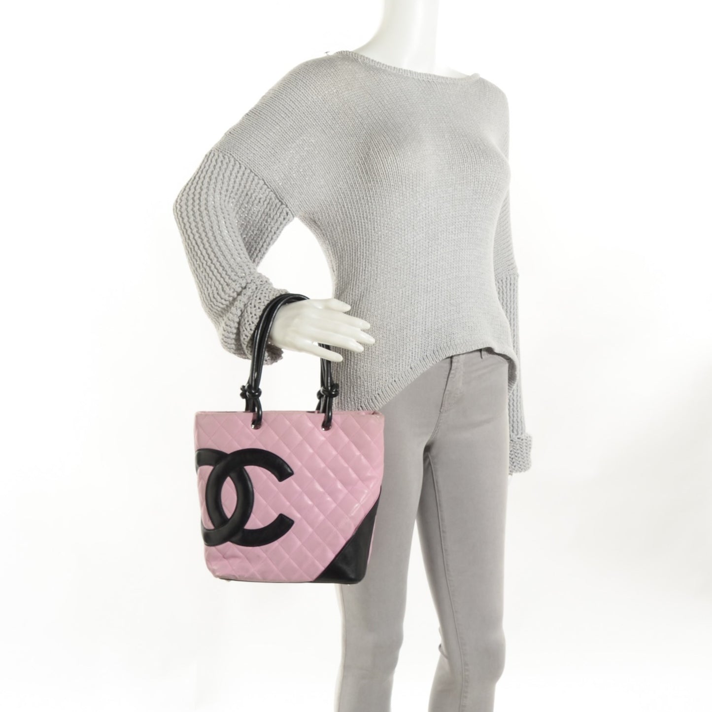 Calfskin Quilted Small Cambon Tote Pink Black