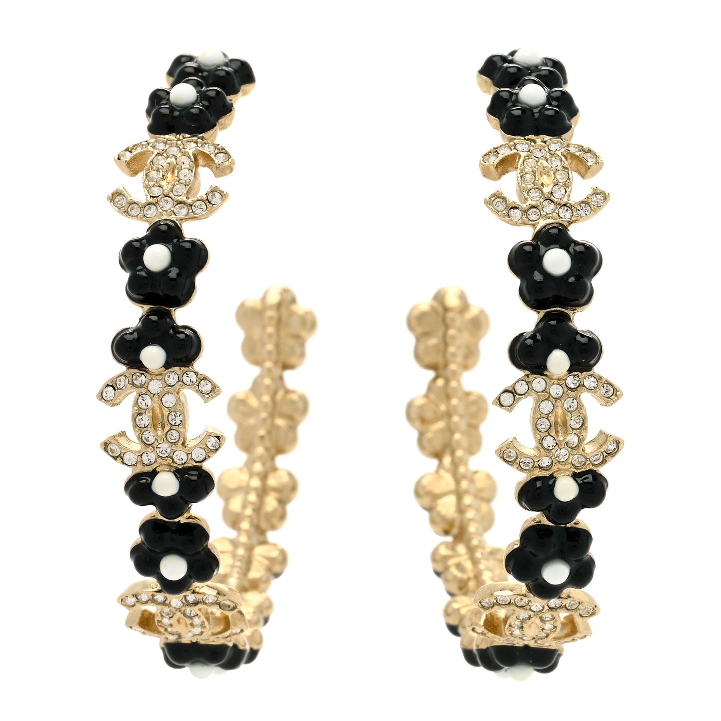 Metal Strass Crystal Flower CC Hoop Earrings Gold Black White