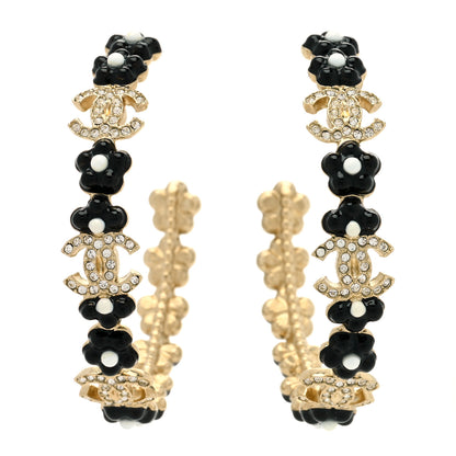 Chanel Metal Strass Crystal Flower CC Hoop Earrings Gold Black White 1 of 4