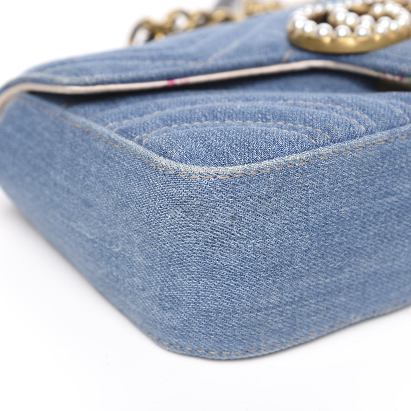 Denim Matelasse Mini Pearly GG Marmont Shoulder Bag Blue