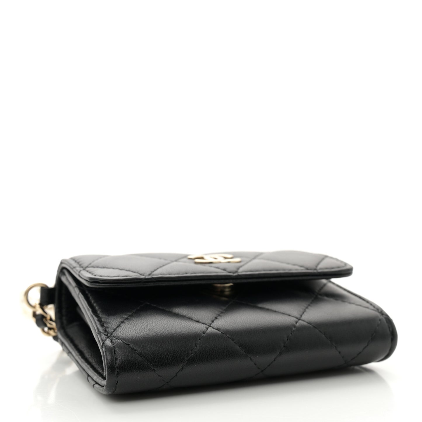 Lambskin Quilted Pearl Card Holder With Chain Black