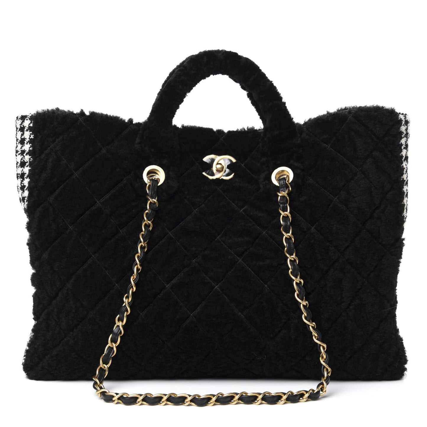 Shearling Tweed Shopper Tote Black