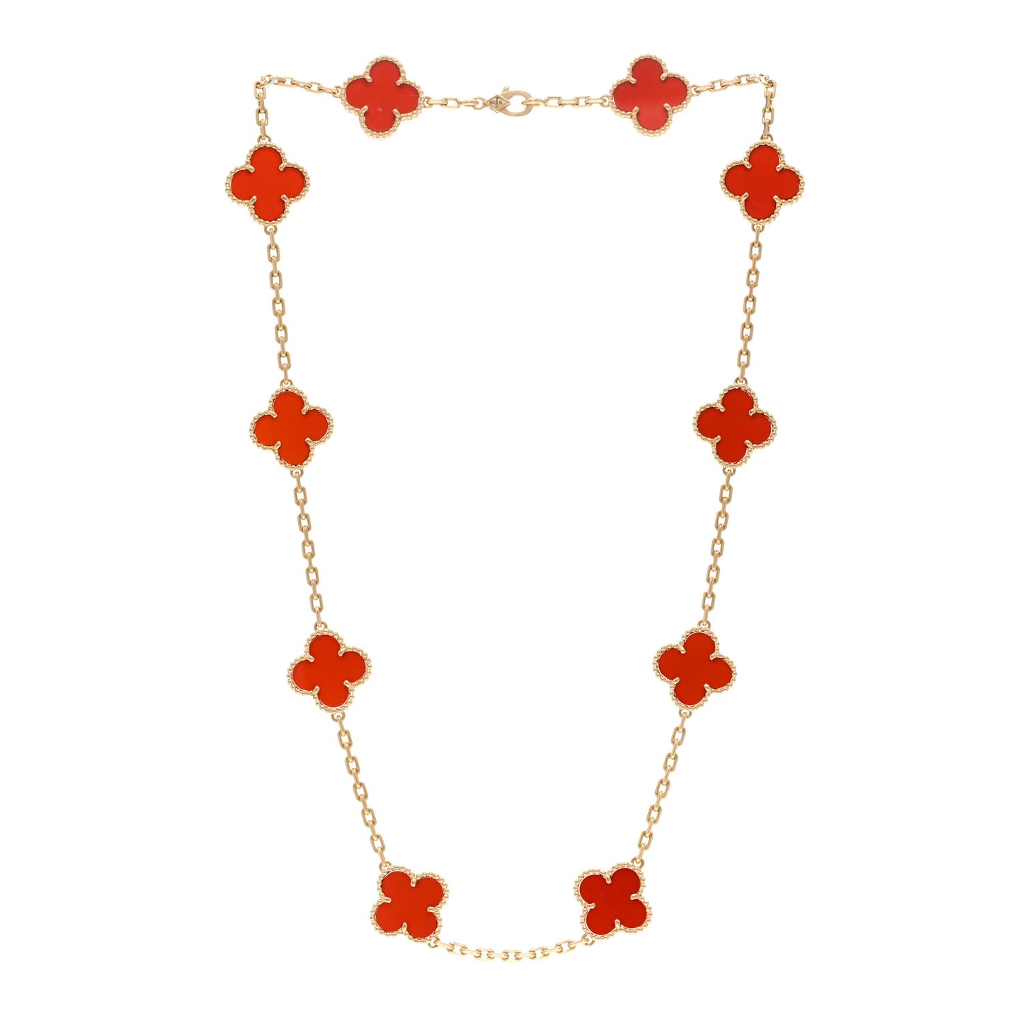 18K Yellow Gold Carnelian 10 Motifs Vintage Alhambra Necklace