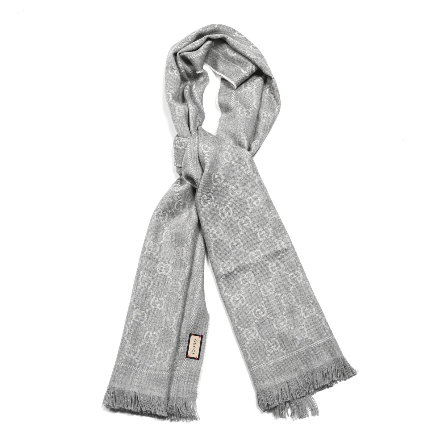 Wool Jacquard GG Monogram Sten Fringe Scarf Zinc Light Grey