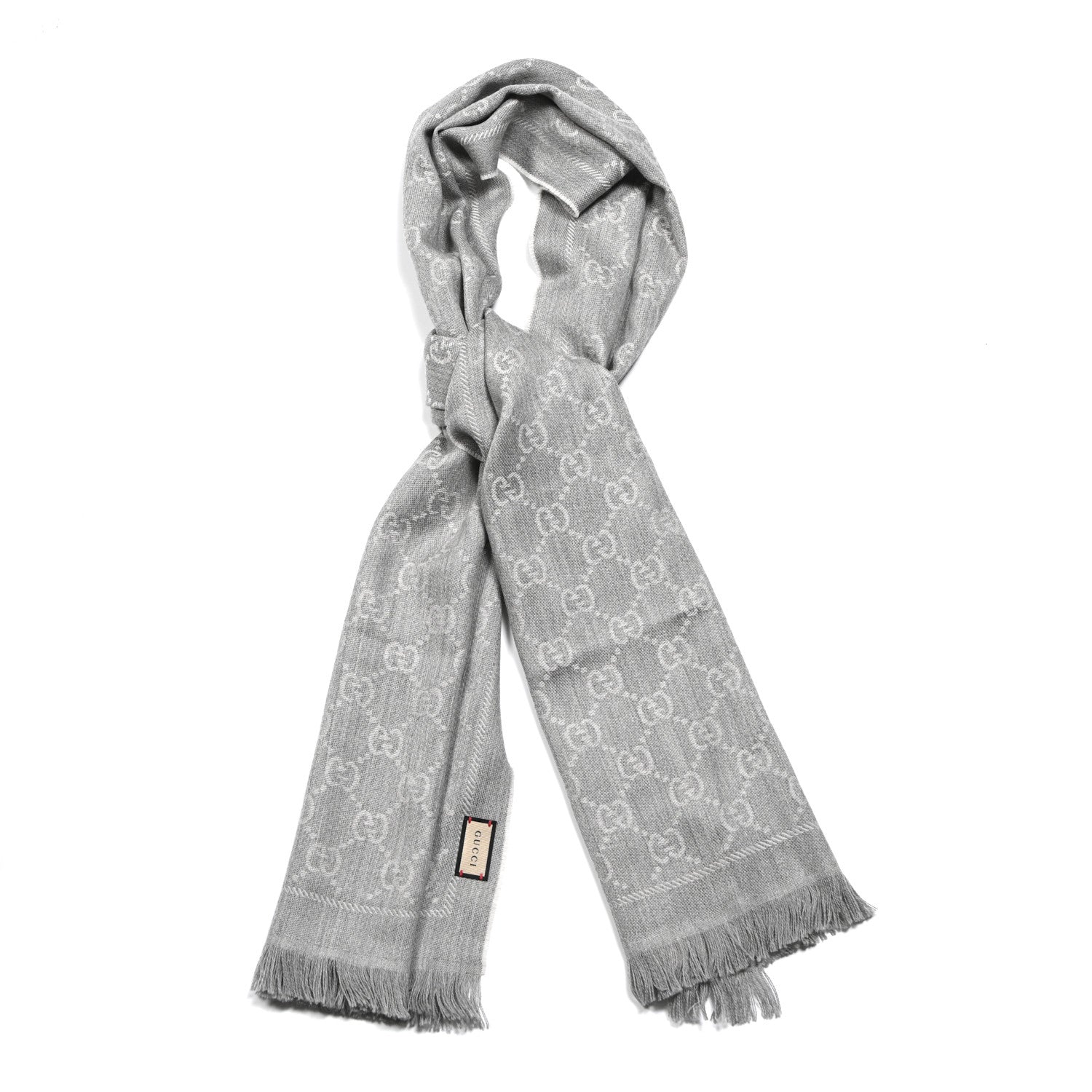 Gucci Wool Jacquard GG Monogram Sten Fringe Scarf Zinc Light Grey 1 of 3