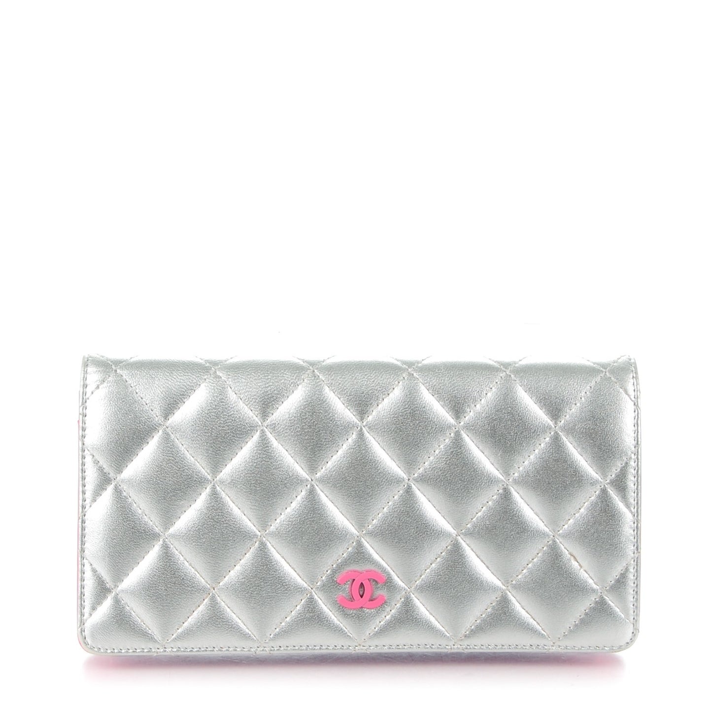 Metallic Lambskin Quilted Yen Wallet Silver Pink