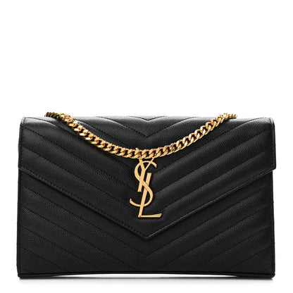Saint Laurent Grain De Poudre Matelasse Chevron Monogram Chain Wallet Black 1 of 12