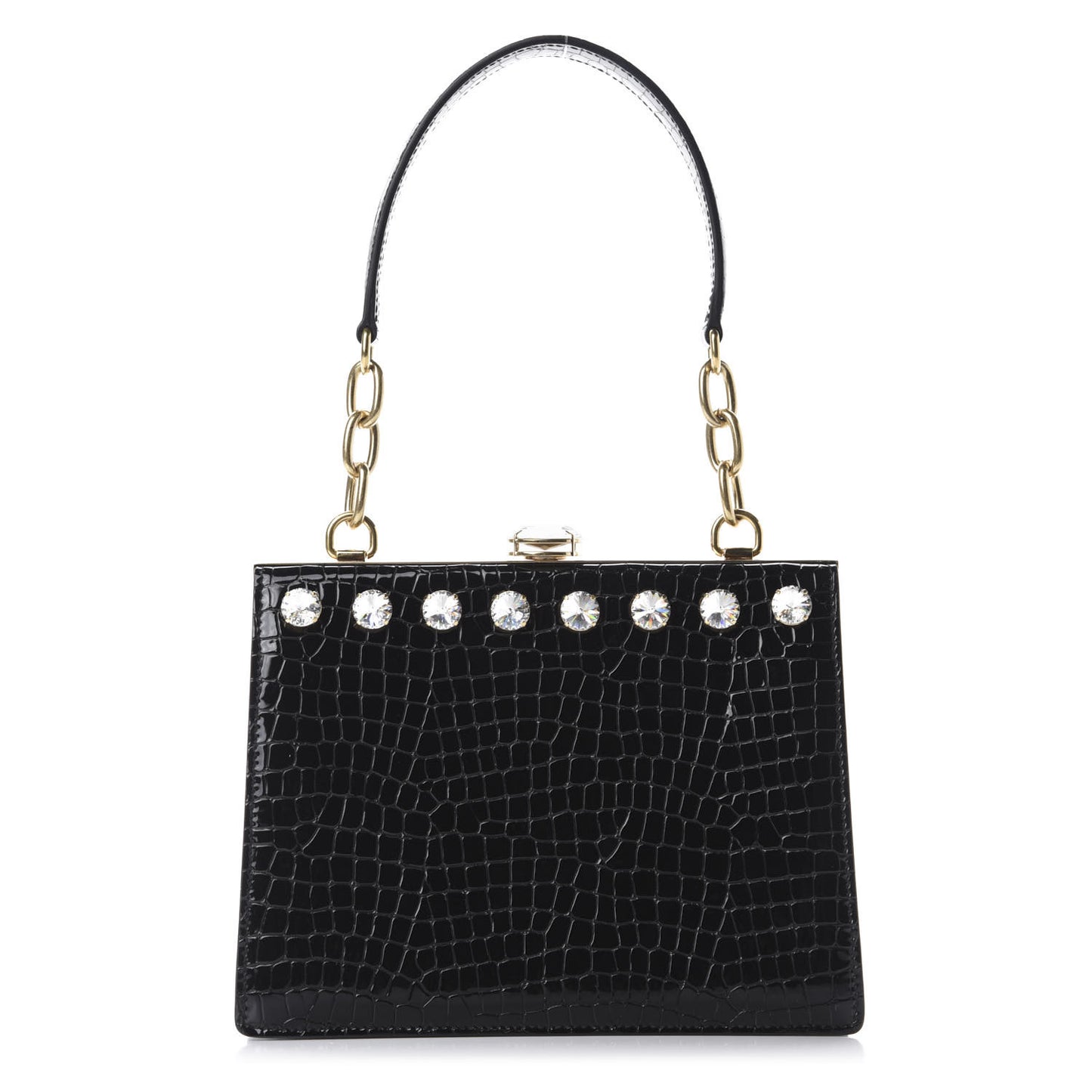 Calfskin Crocodile Embossed Crystal Embellished Solitaire Bag Black