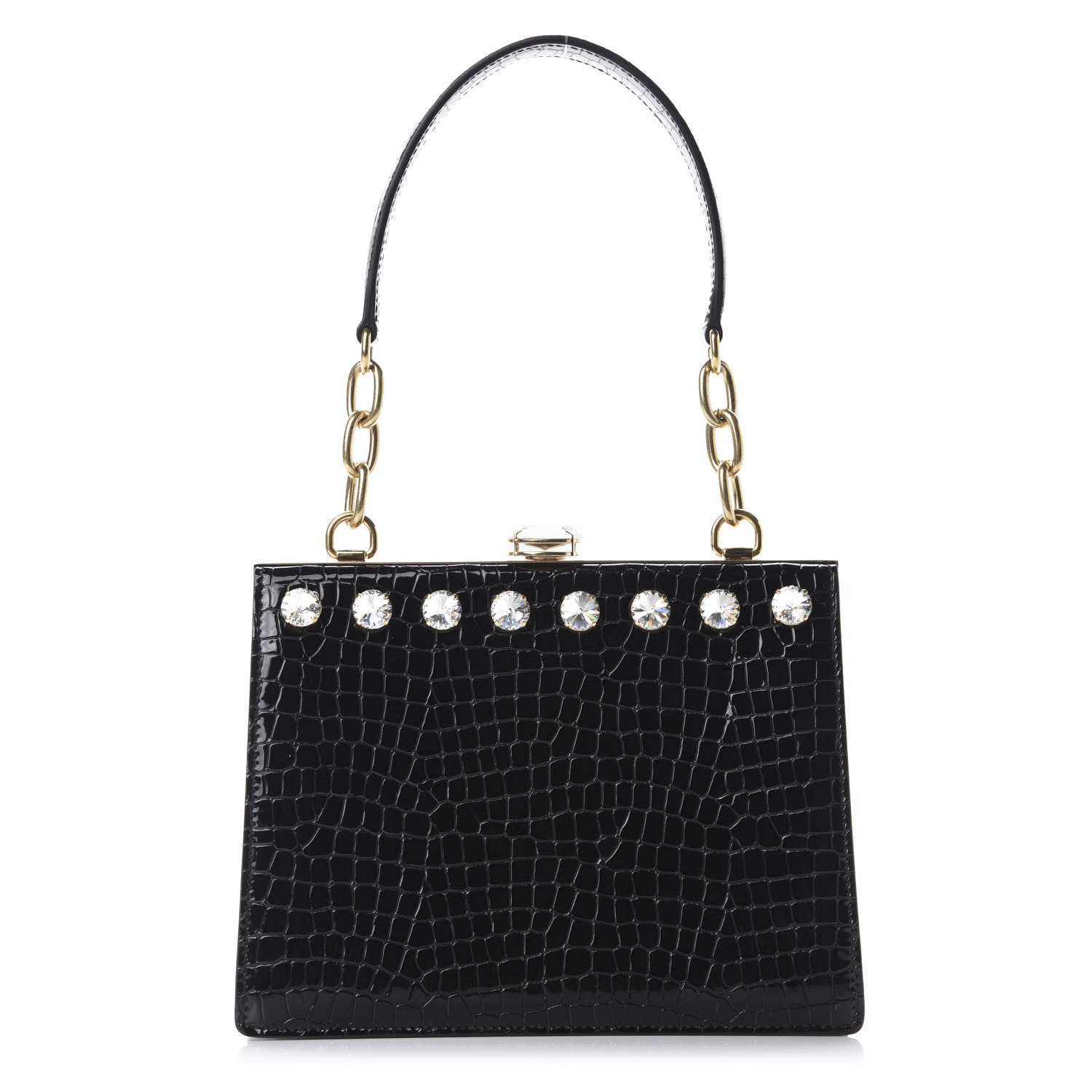 Miu Miu Calfskin Crocodile Embossed Crystal Embellished Solitaire Bag Black 1 of 11
