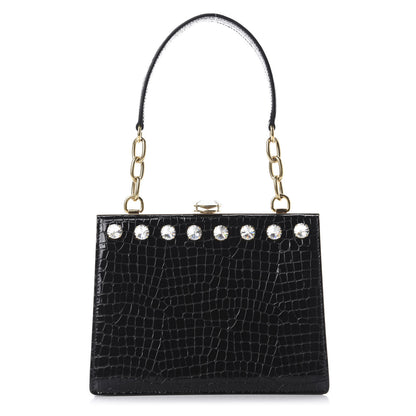 Miu Miu Calfskin Crocodile Embossed Crystal Embellished Solitaire Bag Black 1 of 11
