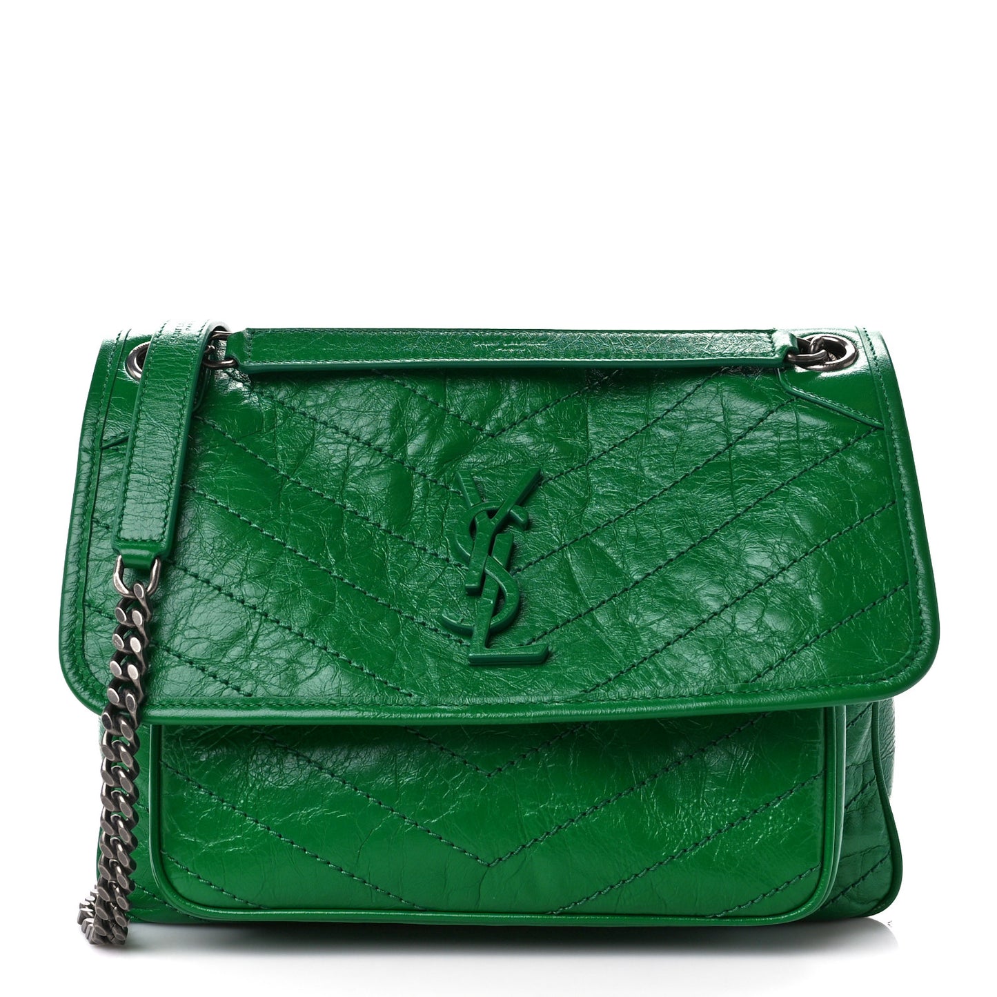 Crinkled Calfskin Matelasse Monogram Medium Niki Chain Satchel New Vert Praire