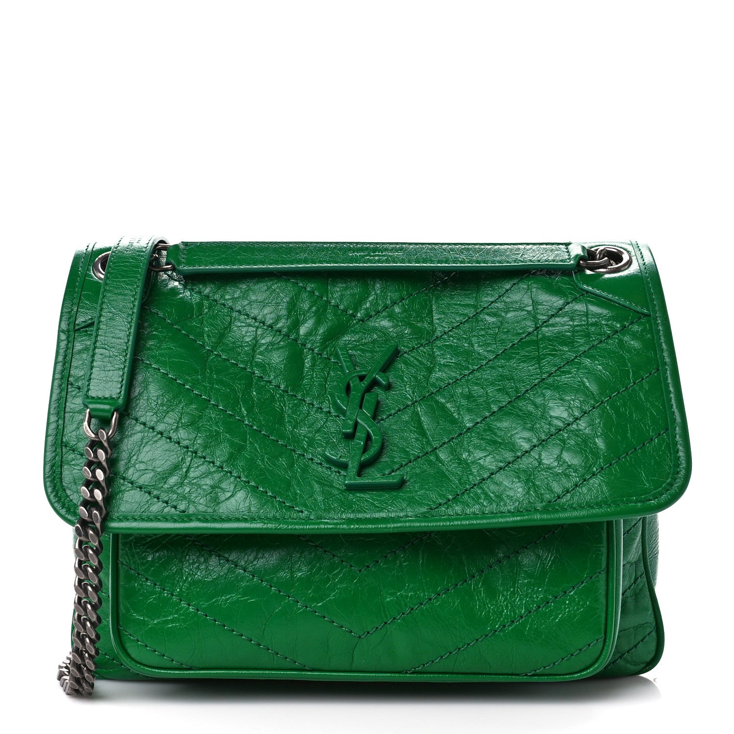 Saint Laurent Crinkled Calfskin Matelasse Monogram Medium Niki Chain Satchel New Vert Praire 1 of 10