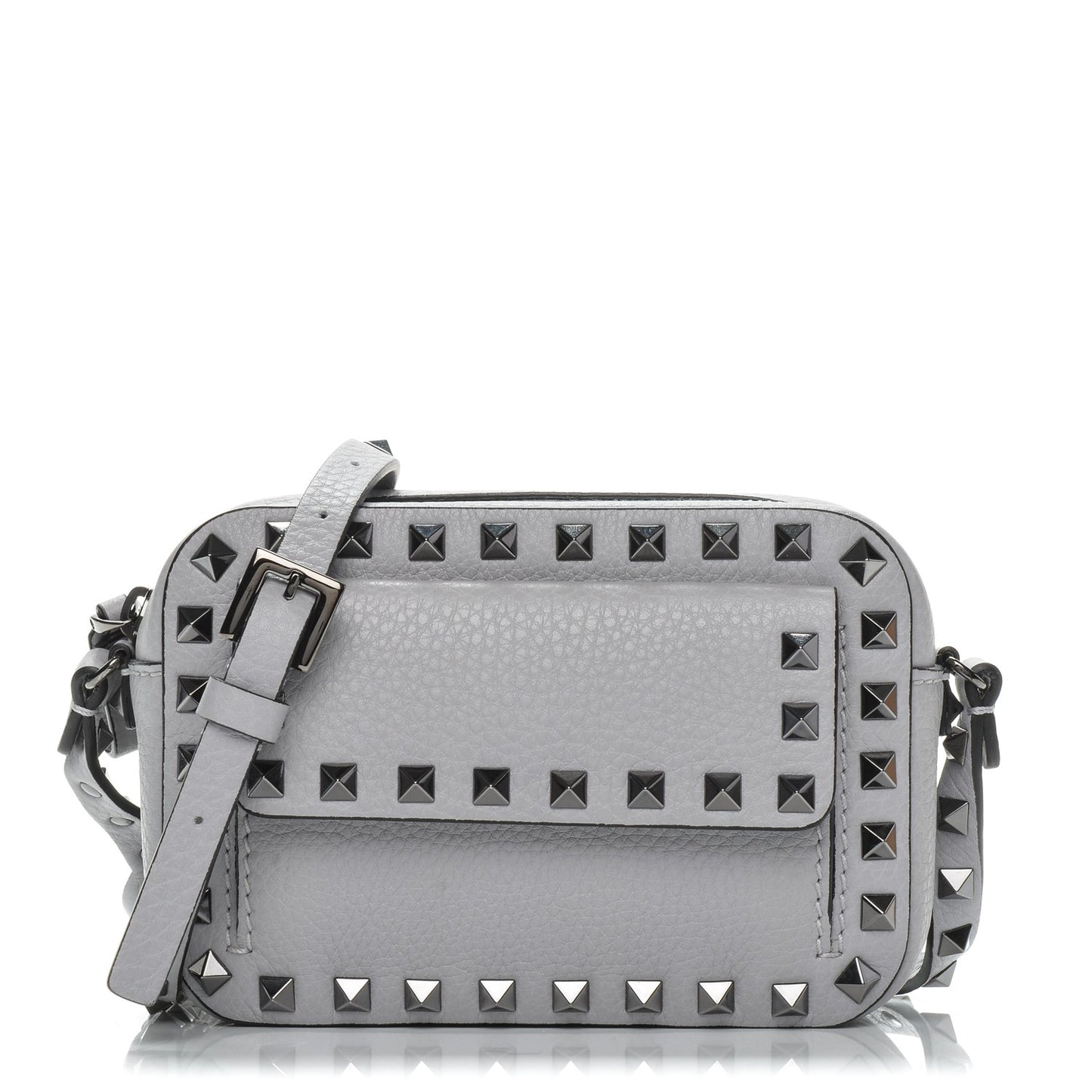 Grained Calfskin Small Rockstud Flap Pocket Camera Crossbody Bag Pastel Grey