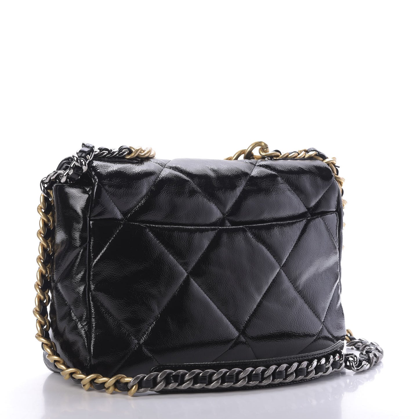 Shiny Crumpled Calfskin Quilted Large 19 Flap Black