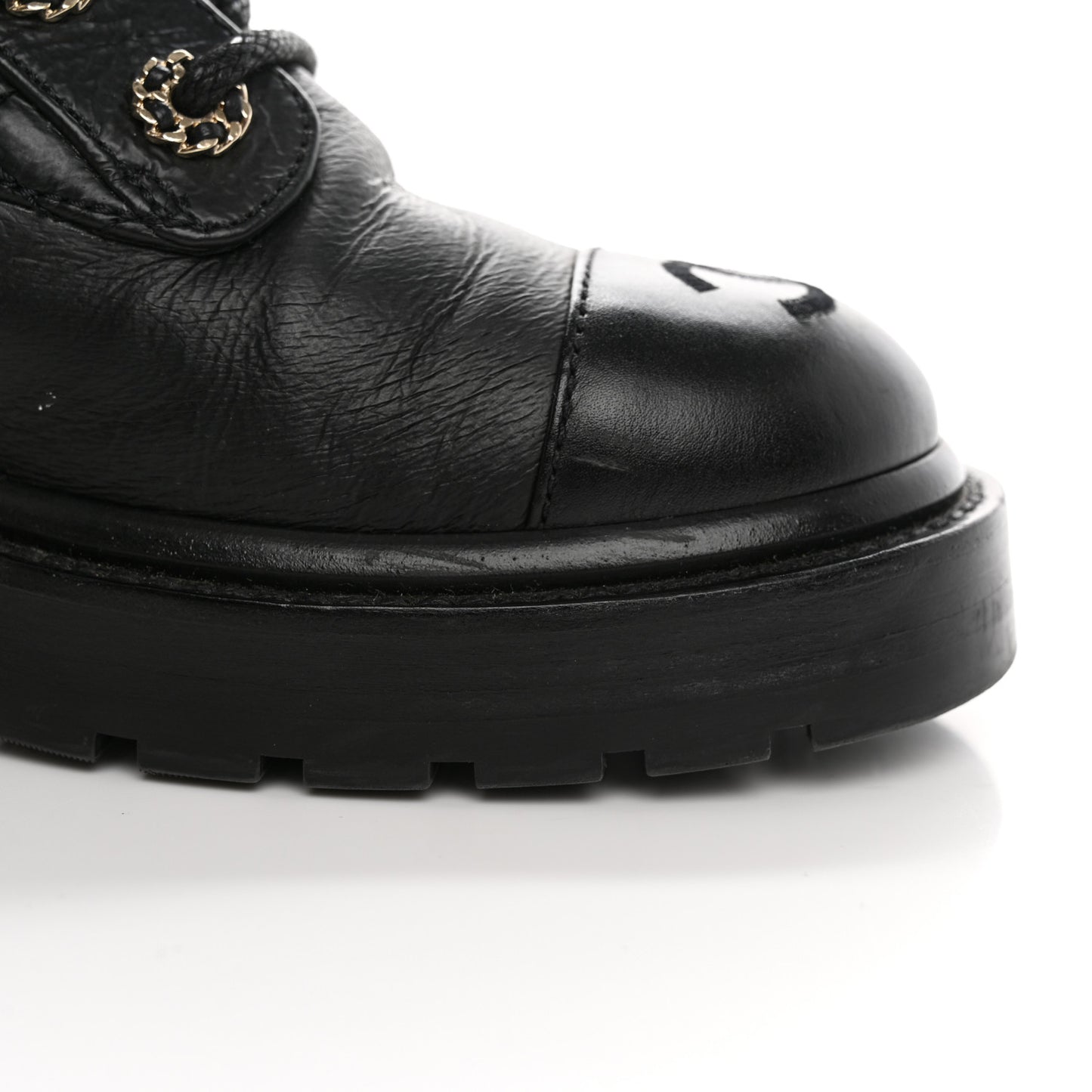 Shiny Calfskin Quilted Lace Up Combat Boots 35.5 Black