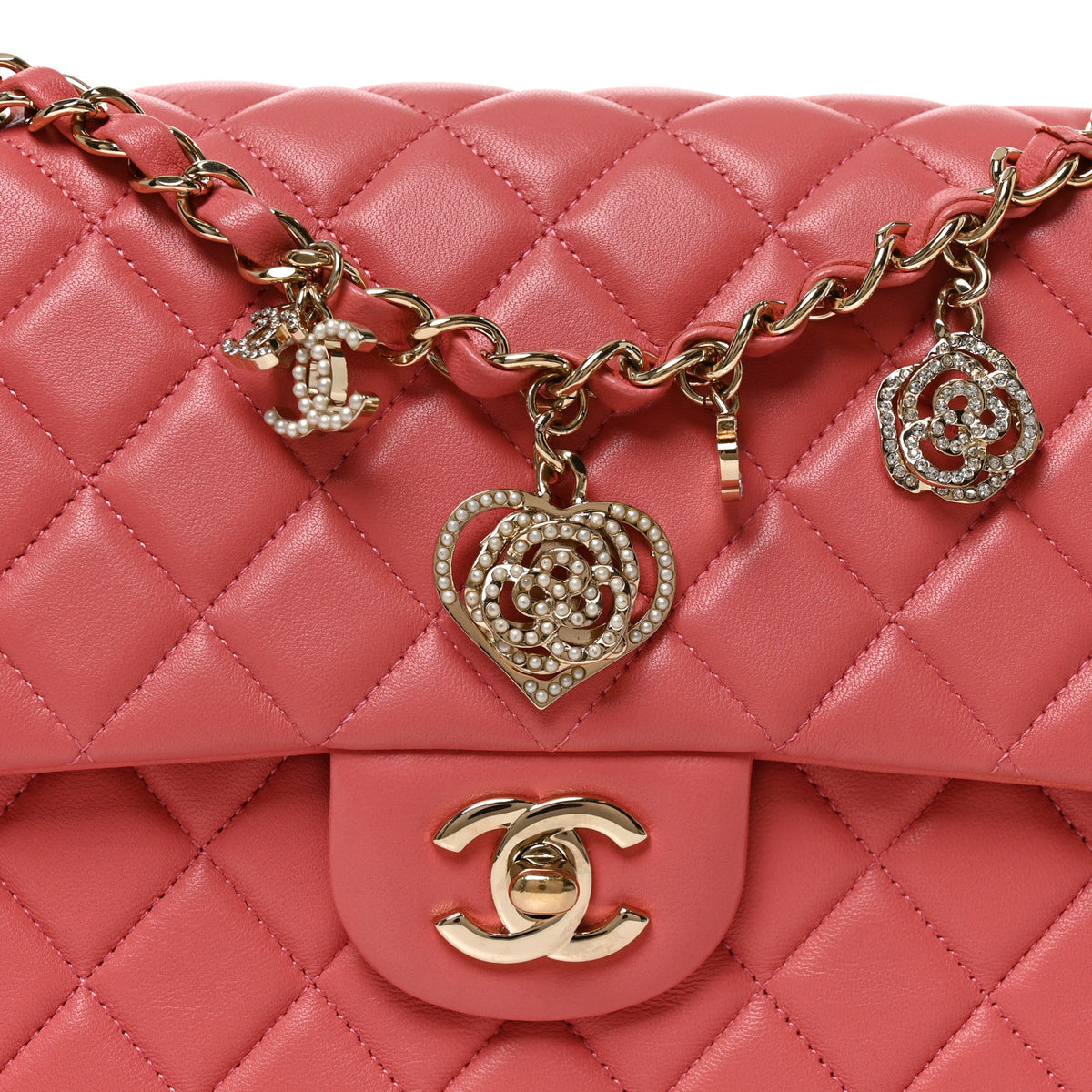 Lambskin Quilted Valentine Charms Medium Single Flap Pink