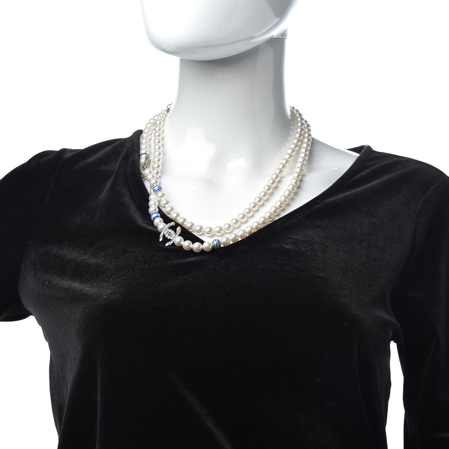 Resin Pearl Striped CC Long Necklace Blue Gold