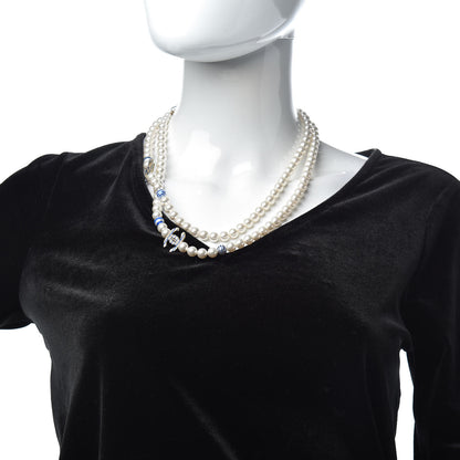 Chanel Resin Pearl Striped CC Long Necklace Blue Gold 2 of 5