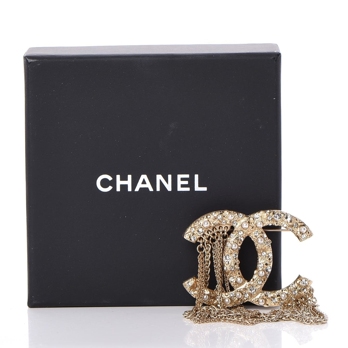 Crystal Pearl Multi Strand Chain CC Brooch Gold