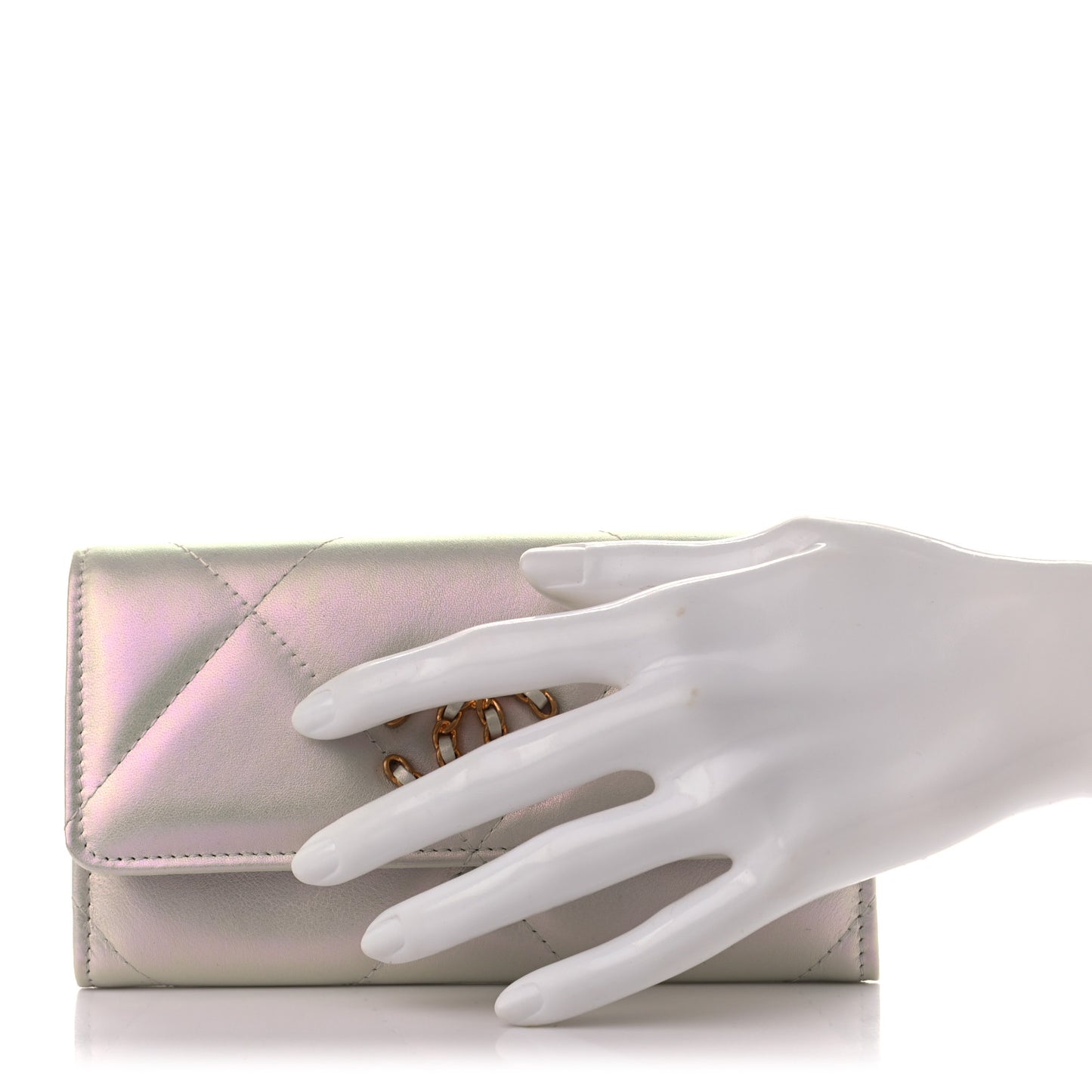 Iridescent Lambskin Quilted Chanel 19 Flap Wallet Ivory
