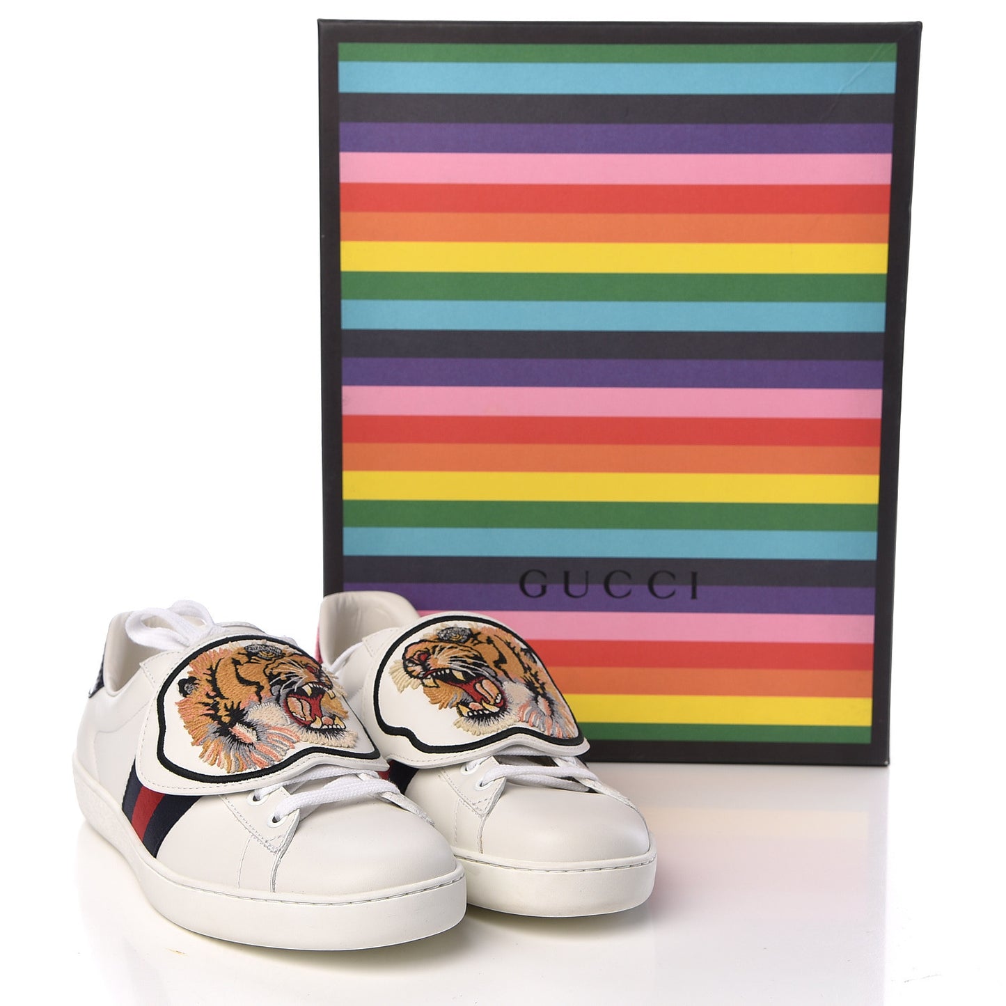 Calfskin Ayers Web Tiger Embroidered Mens Ace Sneakers7.5 White