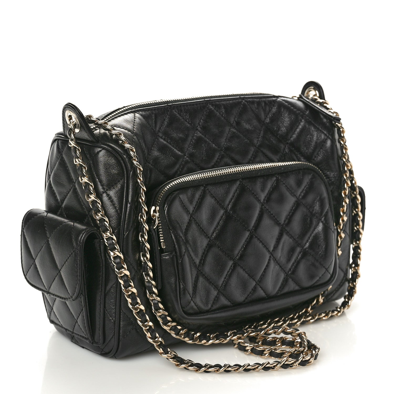 Chanel Shiny Crumpled Lambskin Quilted Medium Preppy Pocket Camera Case Black 3 of 11