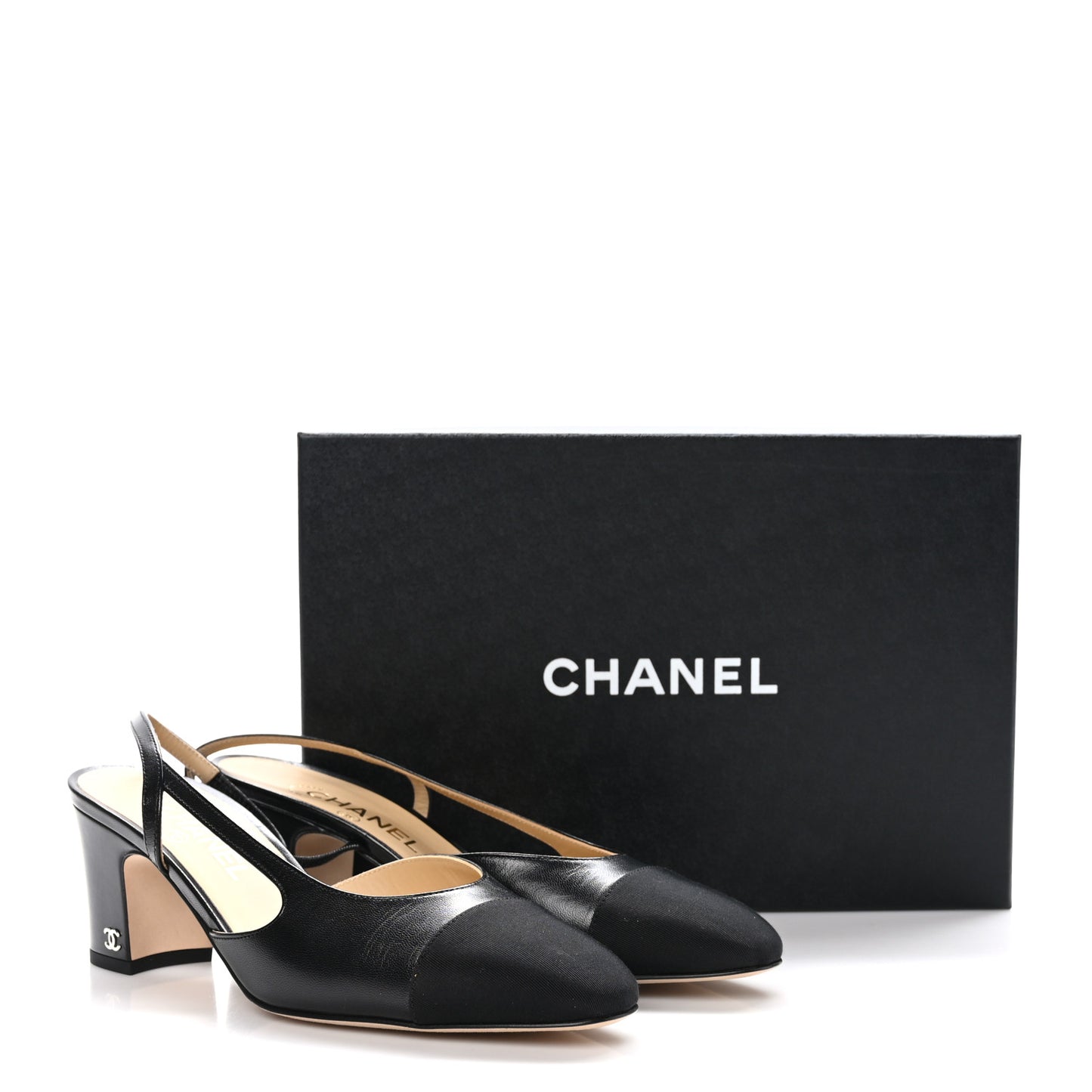 Goatskin Grosgrain Cap Toe CC Slingback Sandals 39.5 Black