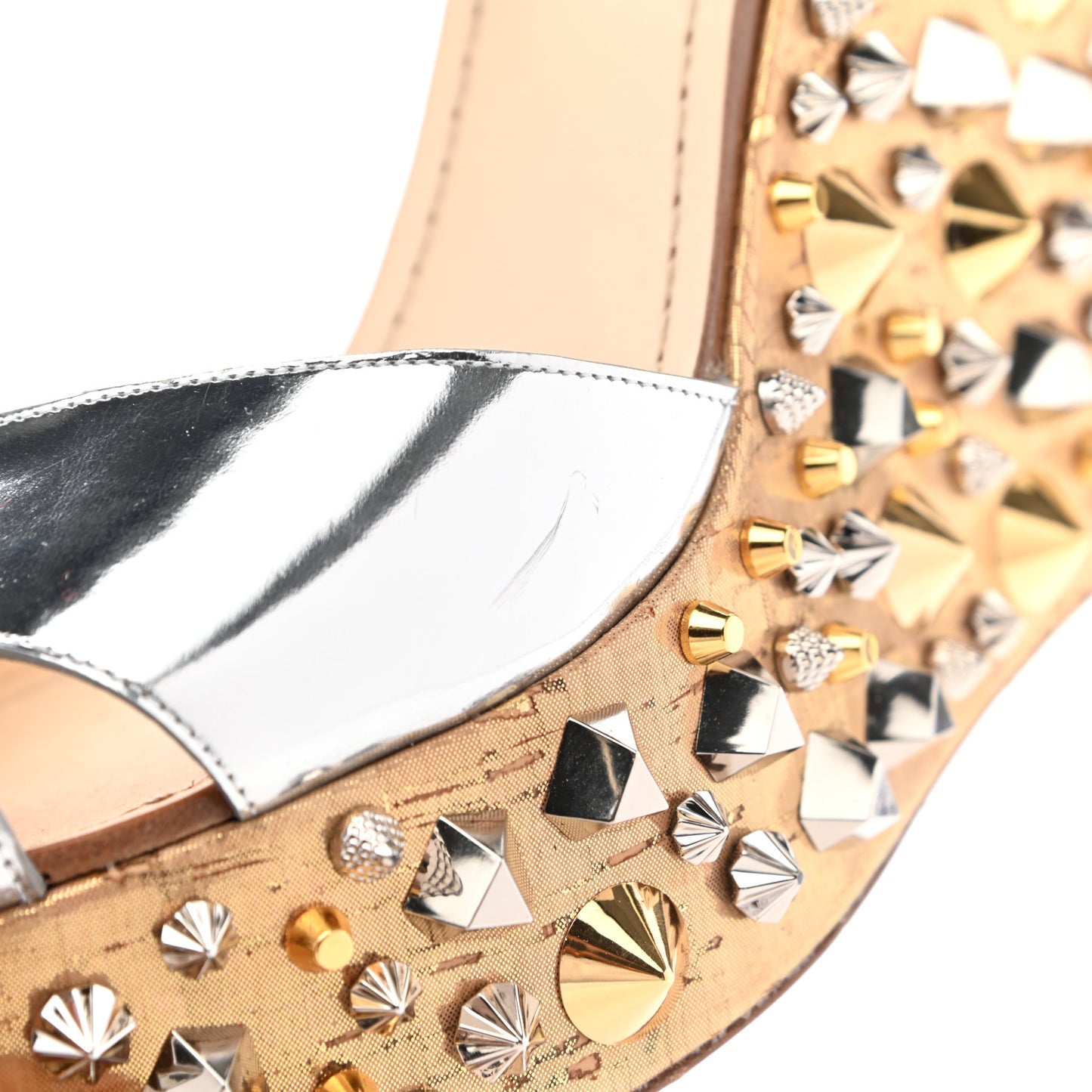 Calfskin Lame Cork Almericca 120 Studded Wedge Sandals 42 Silver