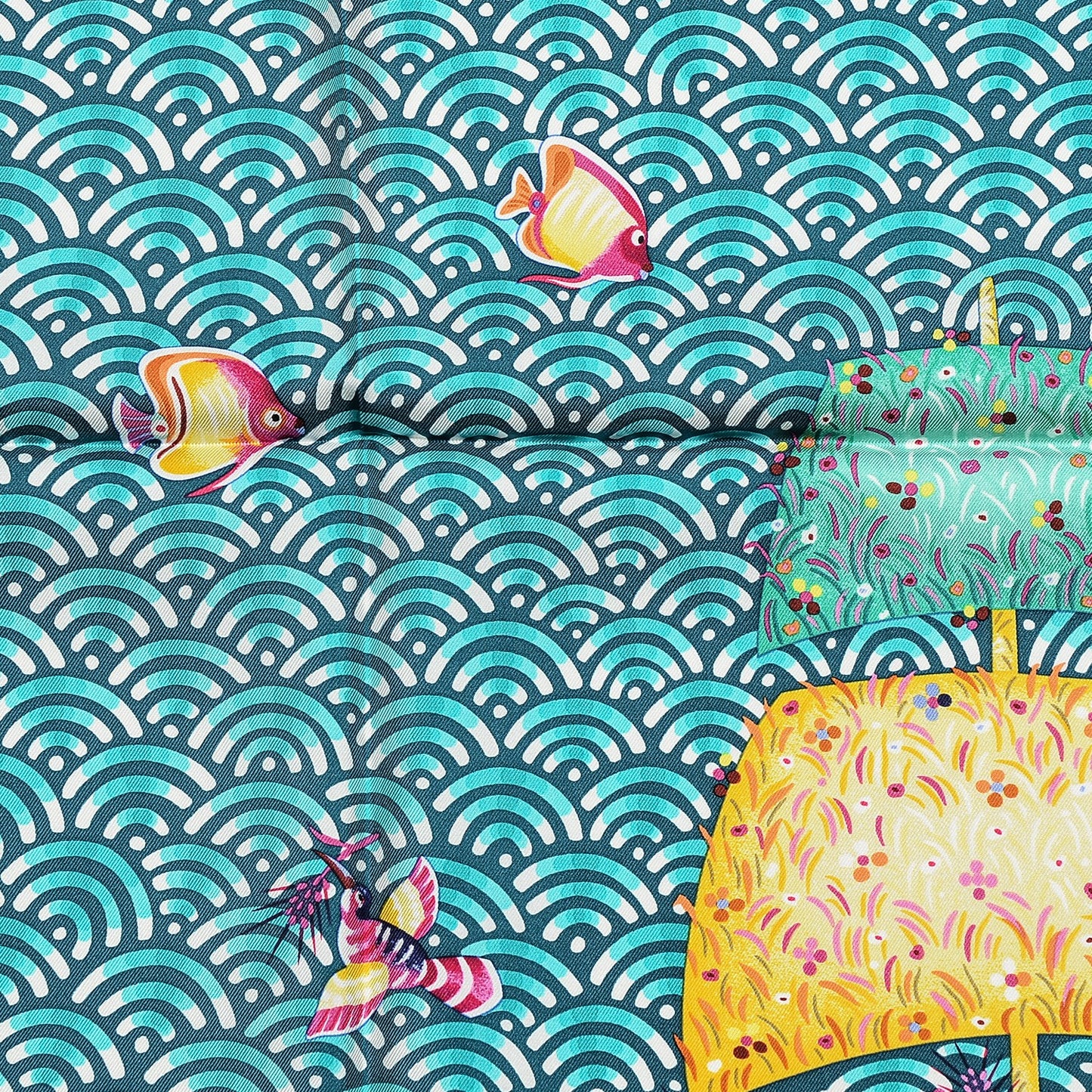 Silk Bateau Fleuri Scarf 90 Vert Canard Jaune