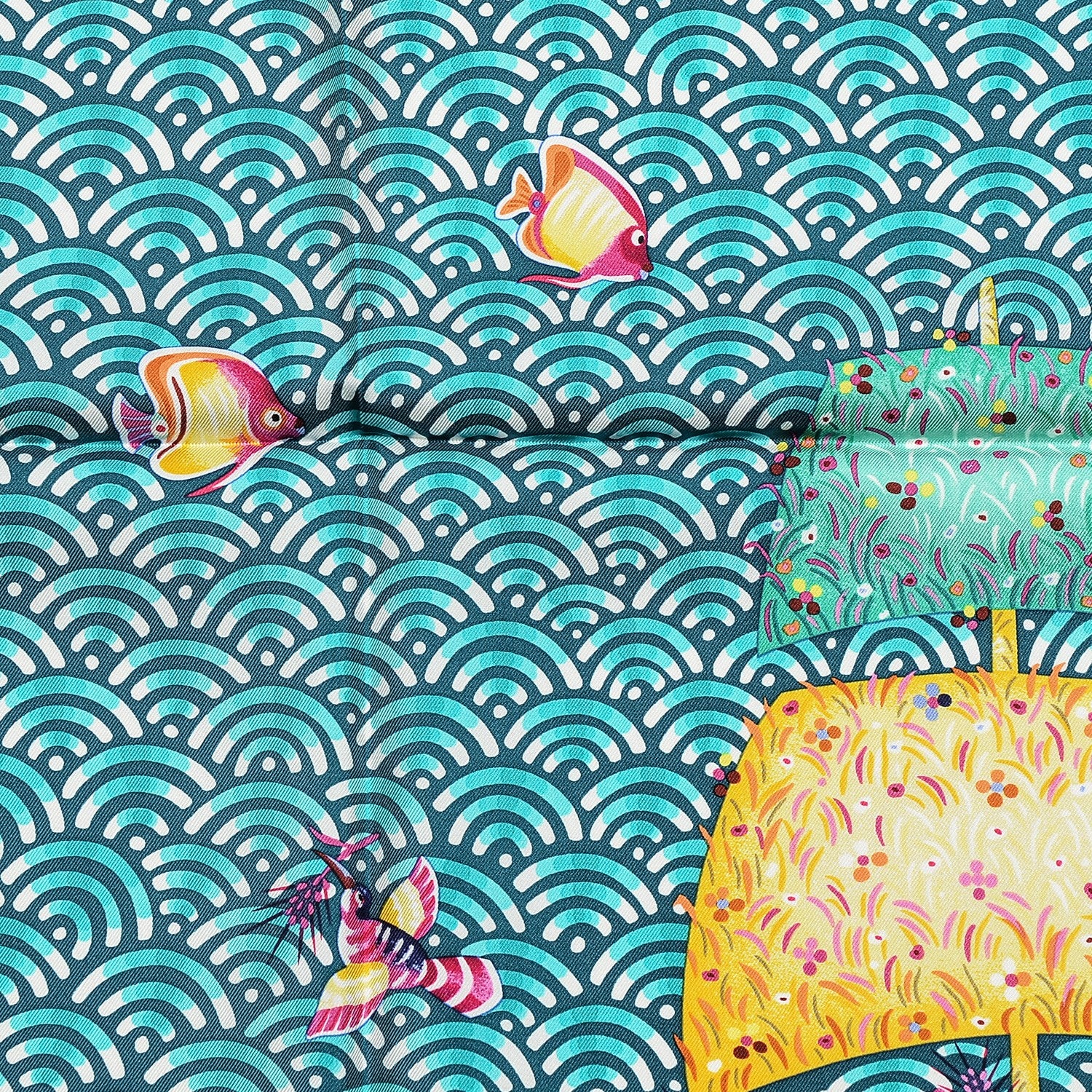 Hermes Silk Bateau Fleuri Scarf 90 Vert Canard Jaune 7 of 10