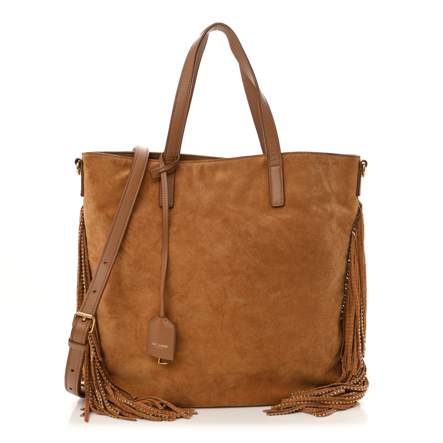 Suede Calfskin Studded Fringe Toy Shopping Tote Brown