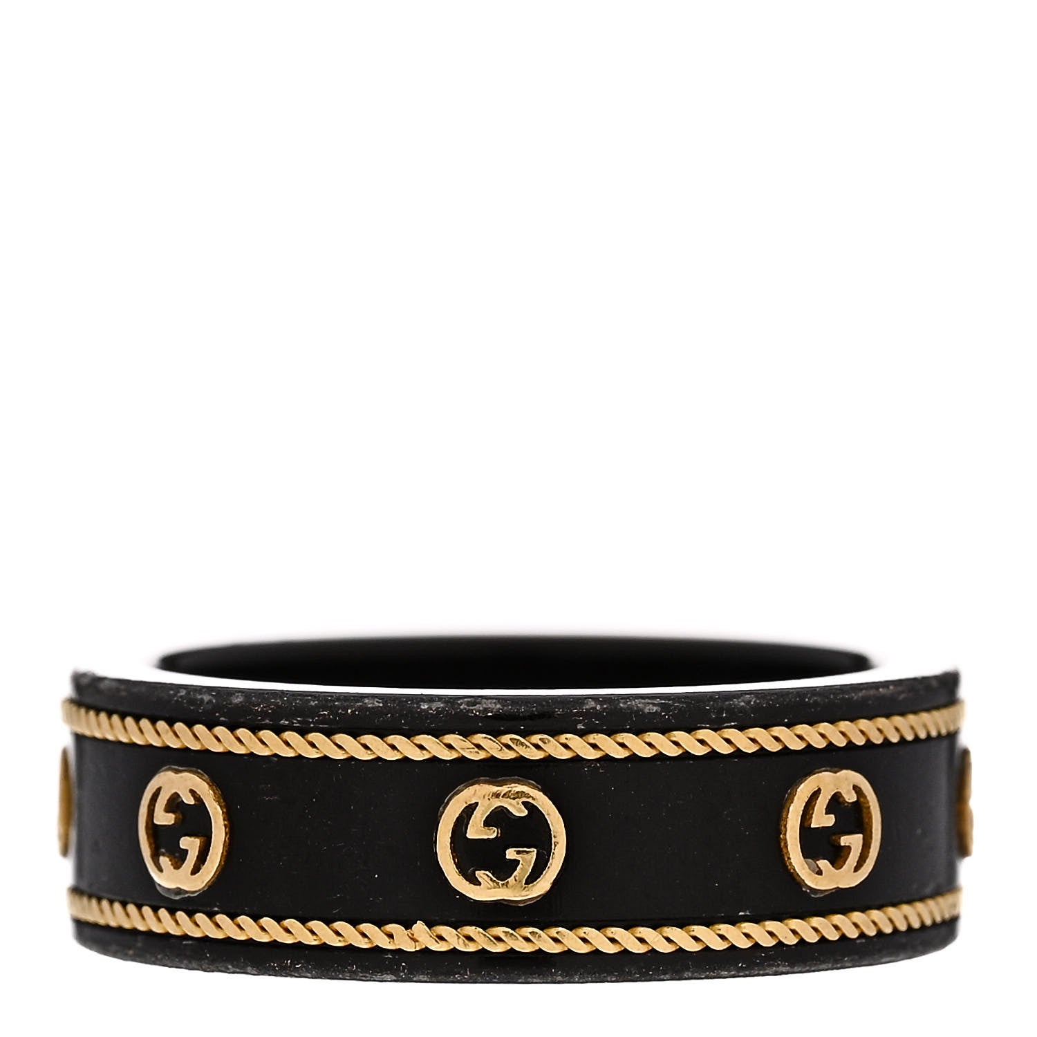 Gucci Black Synthetic Corundum 18K Yellow Gold Interlocking G Band Ring 56 7.75 1 of 8