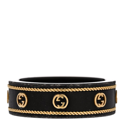Gucci Black Synthetic Corundum 18K Yellow Gold Interlocking G Band Ring 56 7.75 1 of 8