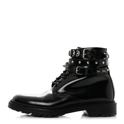 Saint Laurent Smooth Calfskin Studded Womens Lace-Up Combat Boots 38 Black 1 of 9