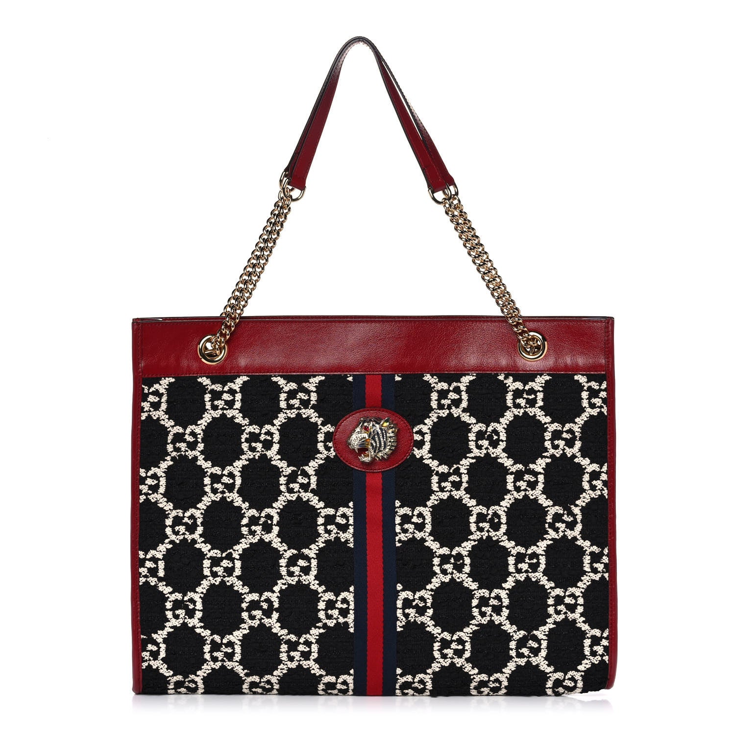 Gucci Tweed GG Monogram Large Rajah Chain Tote Romantic Cherry Black White 3 of 12