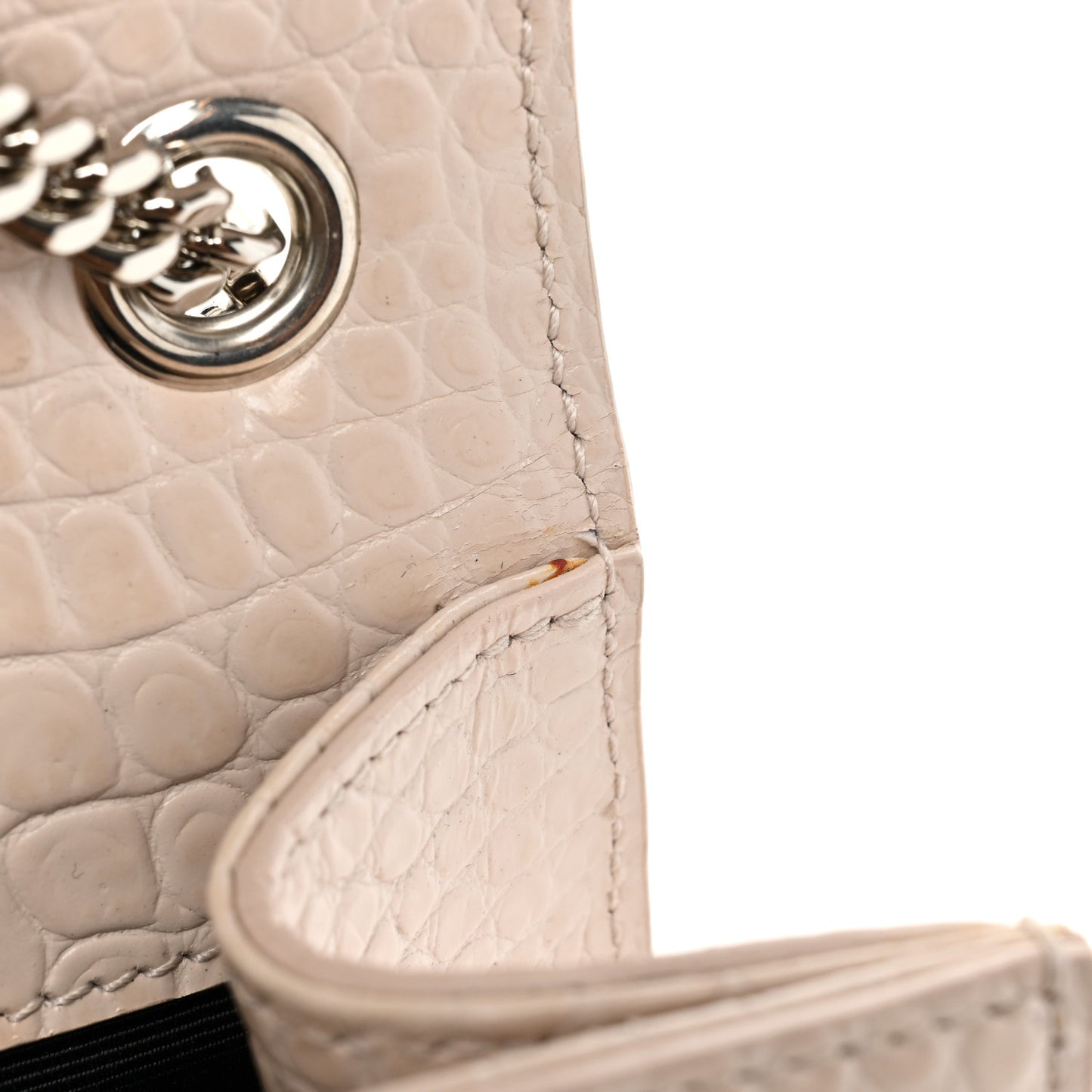 Calfskin Crocodile Embossed Small Classic Monogram Kate Tassel Satchel Crema Soft