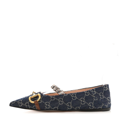 Gucci New Denim GG Monogram Nappa Deva Horsebit Chain Embellished Flats 37.5 Blue Tea Cuir Epilog 1 of 9