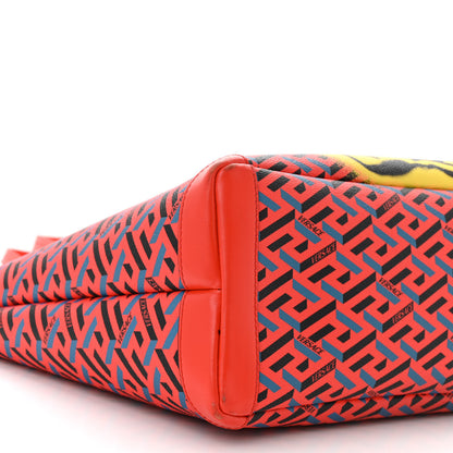 Versace Coated Canvas Calfskin La Greca Signature Shopper Tote Bag Blue Red 9 of 13