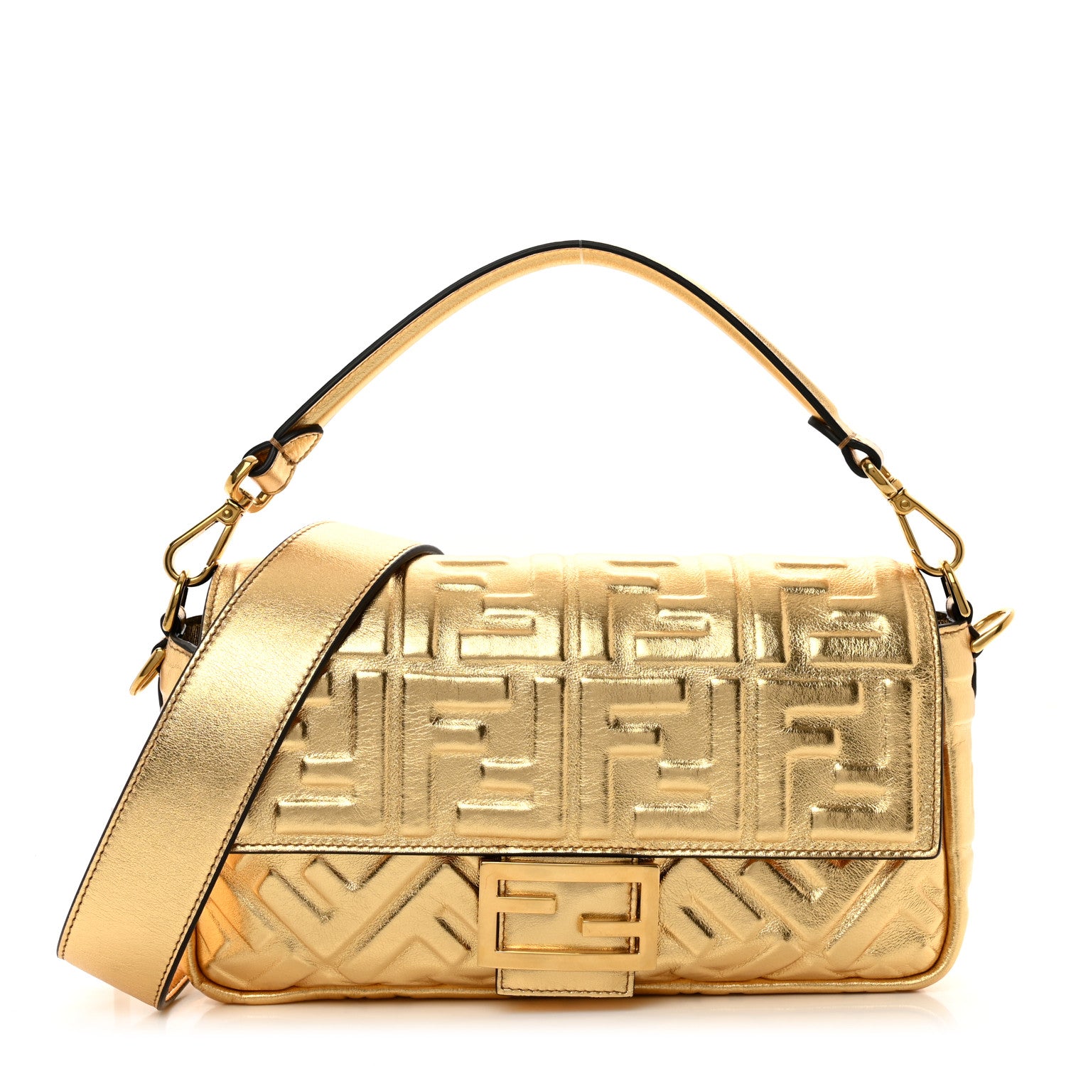 Fendi Vitello Catalan Mirror FF 1974 Embossed Baguette Gold 1 of 8