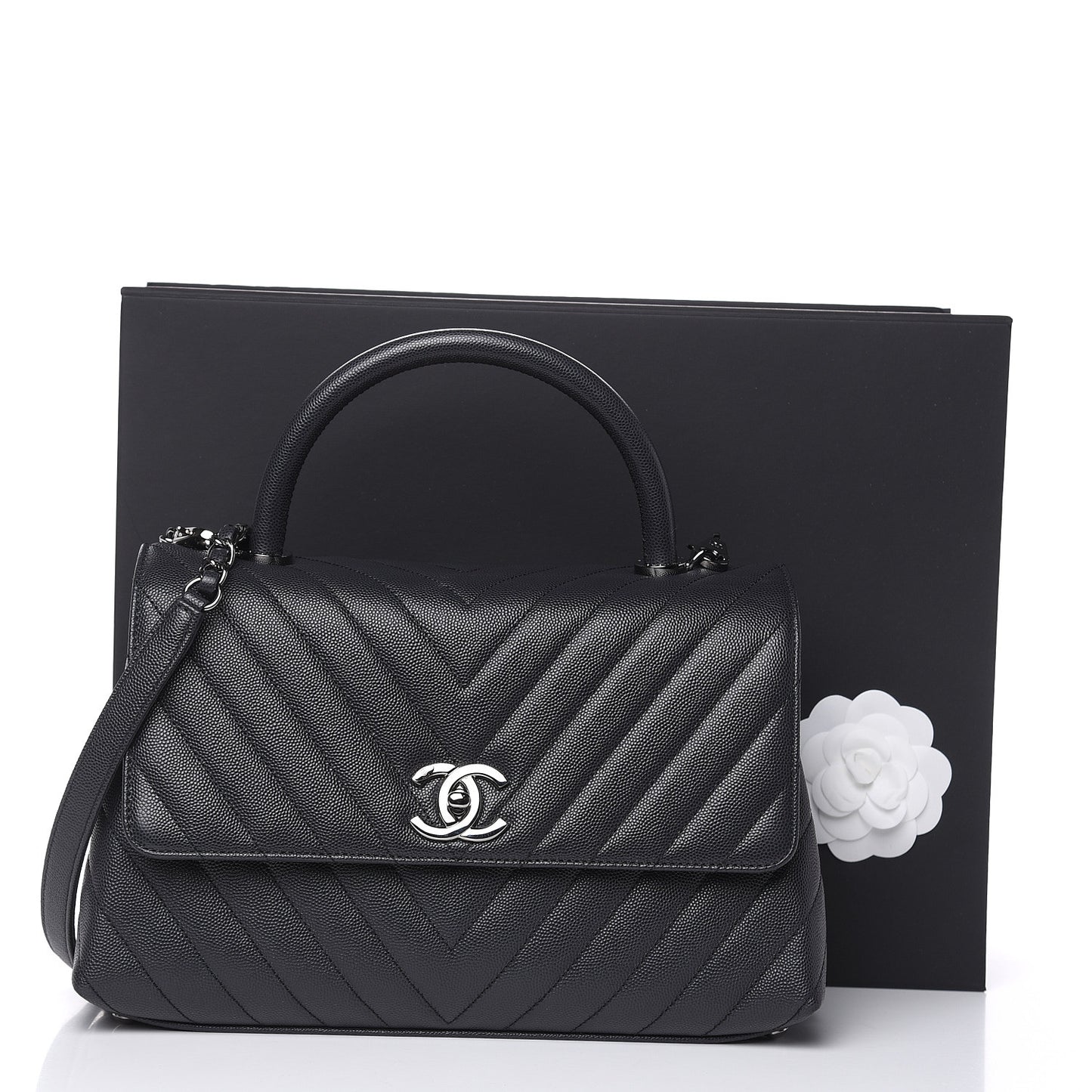 Caviar Chevron Quilted Small Coco Handle Flap Dark Grey