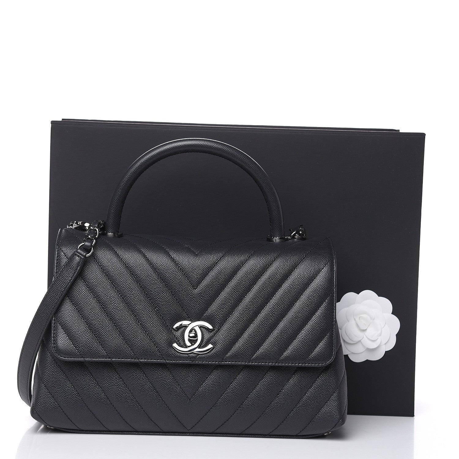 Chanel Caviar Chevron Quilted Small Coco Handle Flap Dark Grey 10 of 10