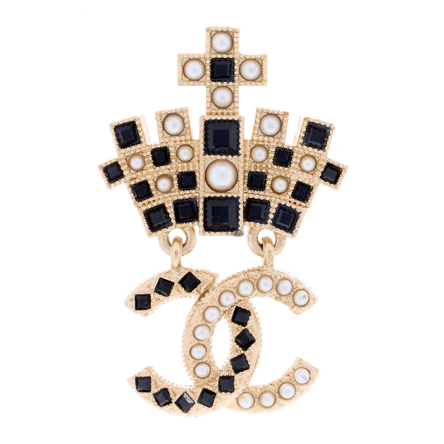 Chanel Resin Crystal Pearl CC Crown Drop Brooch Gold Black 1 of 4