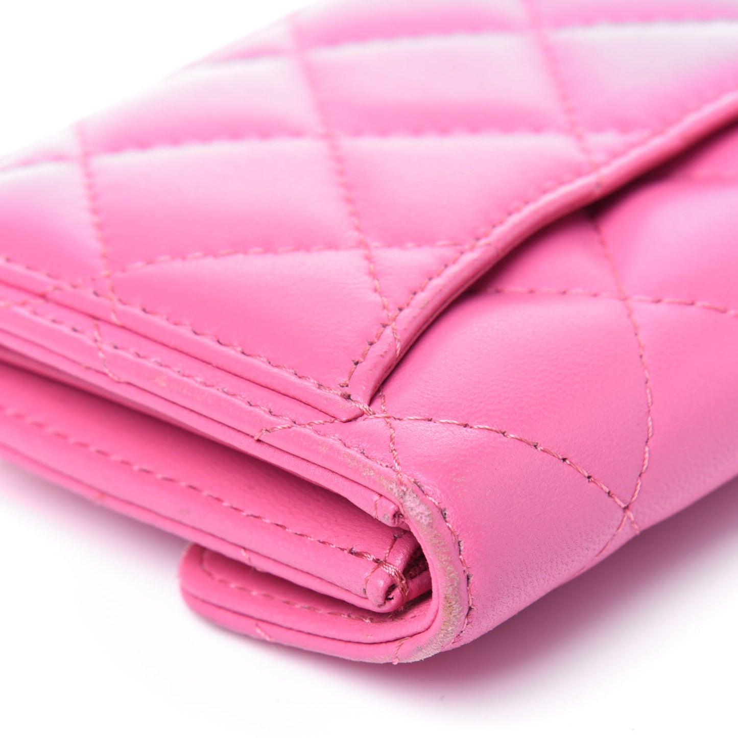 Lambskin Quilted Flap Card Holder Wallet Pink