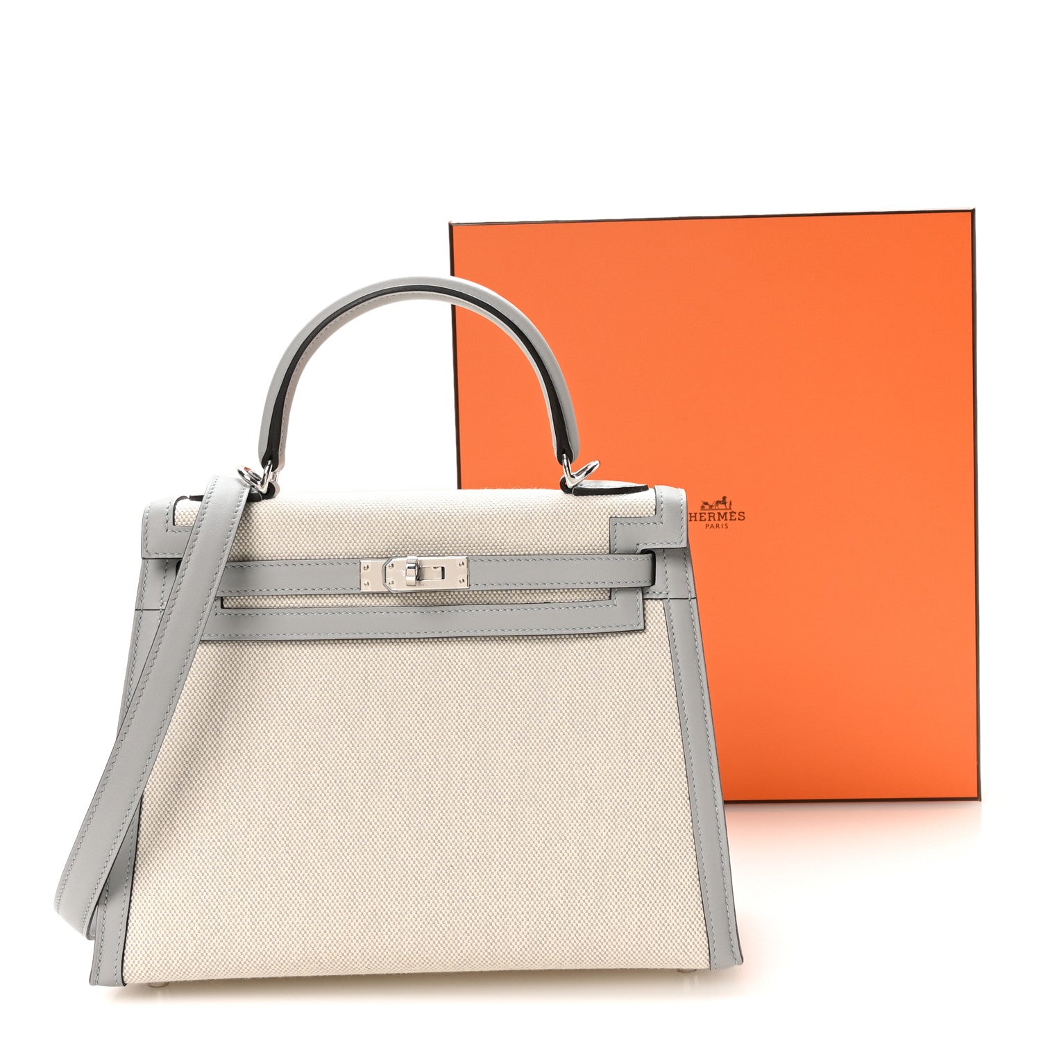Hermes Toile H Swift Kelly Sellier 25 Ecru Bleu Glacier 11 of 11
