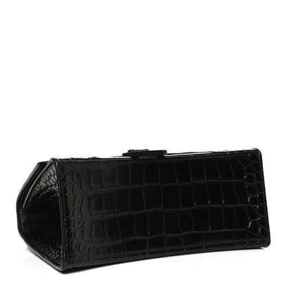 Balenciaga Shiny Calfskin Monochrome Crocodile Embossed Small Hourglass Top Handle Bag Black 4 of 11