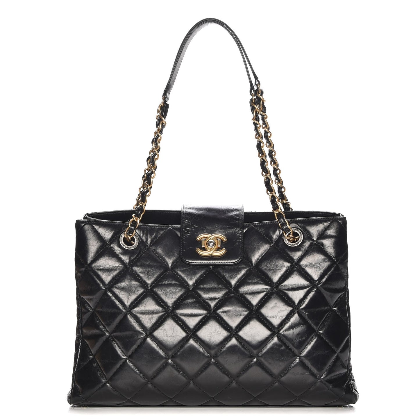 Glazed Calfskin Quilted Tote Black