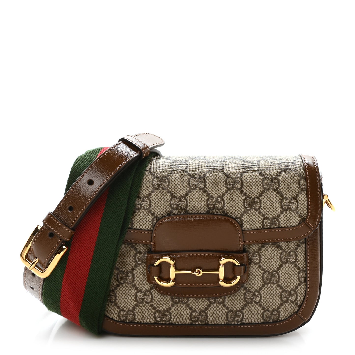 GG Supreme Monogram Azalea Calfskin Web Mini Horsebit 1955 Shoulder Bag Beige Ebony Brown Sugar